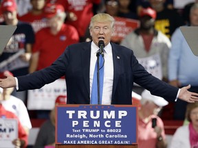 Republican presidential candidate Donald Trump speaks during a campaign rally in Raleigh, N.C., Monday, Nov. 7, 2016.