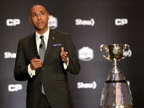 CFL commissioner Jeffrey Orridge addresses reporters and guests during the annual state of the league speech in Toronto on Nov. 25.