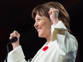 British Columbia Premier Christy Clark gestures while delivering a keynote address at the B.C. Liberal Party convention, in Vancouver on Sunday, November 6, 2016. British Columbians head to the polls for a provincial election May 9, 2017.