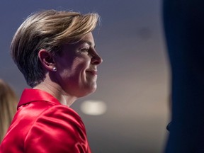 Conservative leadership candidate Kellie Leitch listens during the Conservative leadership debate in Saskatoon, Wednesday, November 9, 2016.