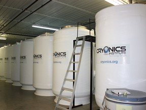 Cryostat pods containing frozen bodies are seen at the Cryonics Institute, a non-profit facility in Clinton, Mich