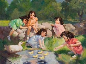 The oil painting, titled Five Little Sweethearts, by American illustrator Gil Elvgren is coming up for auction in Toronto on Wednesday.