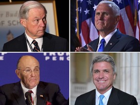 Clockwise from top left: Senator Jeff Sessions of Alabama ( who may serve as defence secretary), 
Vice president-elect Mike Pence, Mayor Rudy Giuliani (a leading contender to serve as attorney general) and Congressman Michael McCaul (Potentially the next Homeland Security secretary).