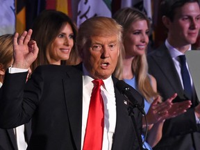 Republican presidential candidate Donald Trump flanked by members of his family speaks to supporters during election night at the New York Hilton Midtown on Nov. 9, 2016.