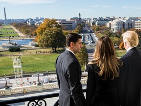 House Speaker Paul Ryan shows President-elect Donald Trump and his wife, Melania Trump the Speaker's Balcony at the U.S. Capitol on November 10, 2016 in Washington, DC. Earlier in the day Trump met with President Barack Obama at the White House.