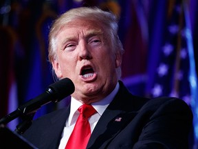 President-elect Donald Trump speaks at an election night rally, Nov. 9, 2016, in New York.