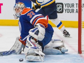 Edmonton Oilers goalie Cam Talbot makes a save in Edmonton's victory over St. Louis on Oct. 20, 2016.