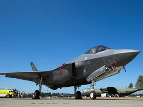 An F-35A fighter aircraft sits on the tarmac ahead of the Abbotsford International Airshow, in Abbotsford, B.C., on Aug. 11, 2016.