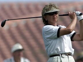 Dawn Coe-Jones from Lake Cowichan, British Columbia tees off the first hole on the first round of play in the Tucson Welch/Circle K tournament in Tucson, Ariz., on March 21, 2002.