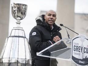 CFL Commissioner Jeffrey Orridge addresses a crowd at the Princes' Gate in Toronto upon the arrival of the CFL Grey Cup on Tuesday, Nov. 22, 2016.