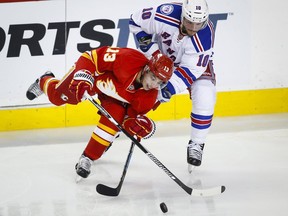 New York Rangers' J.T. Miller, right, battles with Calgary Flames' Johnny Gaudreau during an NHL game in Calgary on Saturday, Nov. 12, 2016. Gaudreau will time with a broken finger and the NHL doesn't seem to be doing enough to protect its star players.