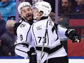 Los Angeles centre Tyler Toffoli, (right) celebrates his goal in the Kings' 7-0 win over the Toronto Maple Leafs with teammate Drew Doughty on Nov. 8.