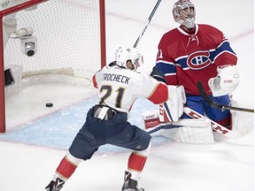 Florida Panthers centre Vincent Trocheck celebrates after Canadiens goalie Carey Price  lets in the winning goal during overtime in NHL hockey action Tuesday in Montreal.