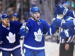 Toronto Maple Leafs centre Mitch Marner celebrates his goal against the Florida Panthers on Nov. 17.