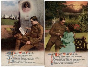 Wartime postcards took many forms. Some were amusing, showing sketches of soldiers with “regimental smiles” on payday.