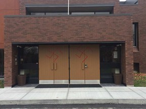 Police are investigating after the Nazi symbol was left on the front doors of Congregation Machzikei Hadas.