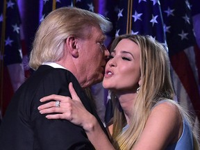 Republican president-elect Donald Trump kisses his daughter Ivanka on election night at the New York Hilton Midtown, Nov. 9, 2016.