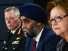 Left to right: Chief of Defence staff General Jonathan Vance, Defence Minister Harjit Sajjan and Public Services and Procurement Minister Judy Foote at a news conference on Tuesday.