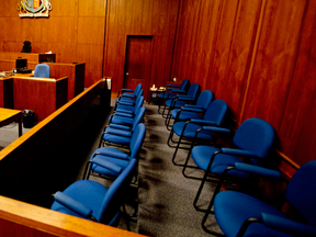 The seats where the jury sits in a courtroom at the University Avenue Courthouse in Toronto.