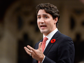 Prime Minister Justin Trudeau (brown pants not shown) in the House of Commons on Wednesday, Nov. 2, 2016.