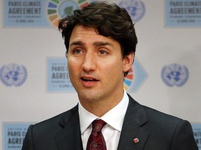 Prime Minister Justin Trudeau speaks at a news conference while attending a signing ceremony for the UN climate-change accord on April 22, 2016, in New York City.