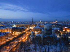 Electric light illuminates streets around the Nativity of Christ cathedral in Riga, Latvia, on Tuesday, Dec. 10, 2013