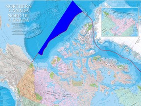 The red line shows the actual Canadian border, the area shaded in blue shows a section of Arctic inaccurately claimed by official maps as being part of Canada.