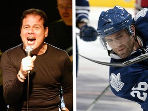 Left: Frank D’Angelo, who is also a singer, performs with his band in 2006. Right: Mike Zigomanis with the Toronto Maple Leafs in 2010.