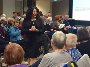 Democratic Institutions Minister Maryam Monsef during a town-hall meeting in Victoria on Thursday, Oct. 27.