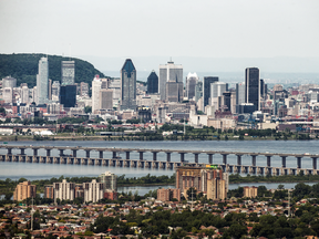 Brossard in the foreground with part of Montreal's skyline on the other side of the Champlain Bridge.