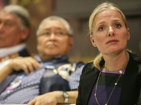 Catherine McKenna, Canada's environment minister, chairs a panel featuring Canadian Indigenous leaders discussing climate change, at the COP22 climate change conference n Marrakech, Morocco, Wednesday, Nov. 16, 2016.