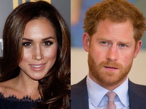 Meghan Markle is shown in a 2012 Hollywood file photo; Prince Harry is seen in London on July 7, 2016.