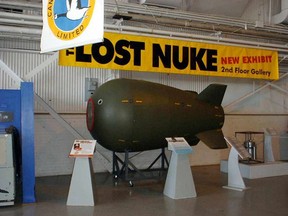 he American Mark IV nuclear weapon, one step up from "Fat Man" bomb of Nagasaki fame. This is a copy on display at a Lost Nuke exhibit at the Royal Aviation Museum of Western Canada in Winnipeg.