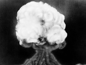 The mushroom cloud from the first atomic explosion at the Trinity Test Site in New Mexico in 1945.