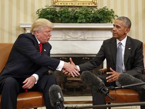 President Barack Obama shakes hands with president-elect Donald Trump in the Oval Office of the White House in Washington, Thursday, Nov. 10, 2016.