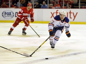 Edmonton Oilers centre Connor McDavid (right) pursues the puck against the Detroit Red Wings on Nov. 6.