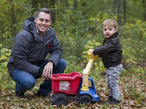 Vaudreuil-Soulanges MP Peter Schiefke plays with his two-year-old son Anderson at their home in Vaudreuil-sur-le-lac, Que., Saturday, November 5. The young father has opened up about his struggle to balance family and politics.