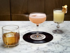 The Harbord Room drinks (from left to right), featuring Ronald Clayton by Dave Mitton, New Radio by Josh Lindley, and Endless English Summer by Evelyn Chick.