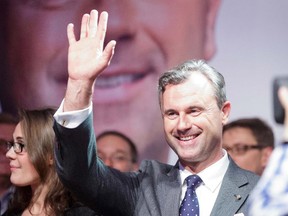 Norbert Hofer, presidential candidate of Austria's Freedom party, waves to supporters in Vienna on May 22, 2016