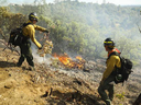 Two firefighters work together during a training exercise in Whiskeytown, Calif.