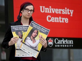 Carleton University student Sydney Schneider poses for a photo at the university in Ottawa Monday Nov 28, 2016. Sydney is the program coordinator at CU Students Association Womyn's Centre and they are campaigning for a women-only hour at the gym.