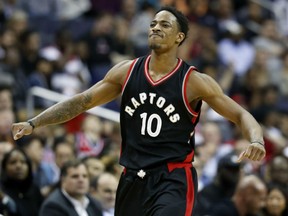 Toronto Raptors guard DeMar DeRozan celebrates a three-point basket during the second half of their game against the Wizards on Wednesday night in Washington. The Raptors won 113-103.