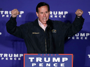 Former Sen. Rick Santorum, speaks at a rally for Donald Trump, Sunday, Nov. 6, 2016 in Leesburg, Va.