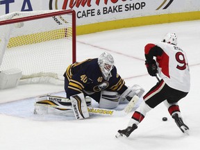 Ottawa Senators forward Bobby Ryan (right) scores on Buffalo Sabres goaltender Robin Lehner in a shootout on Nov. 9.