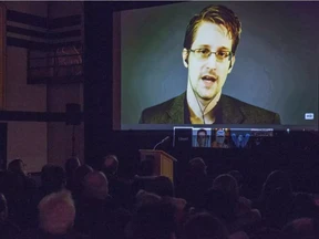 Edward Snowden speaks from Russia, to students at the World Affairs Conference at Upper Canada College in Toronto on Monday, Feb. 2, 2015.