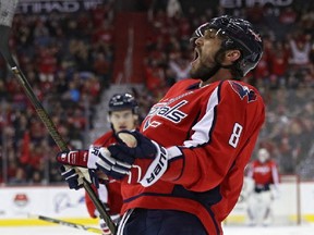 Alex Ovechkin of the Washington Capitals celebrates after scoring his second goal of the game against the St. Louis Blues during the second period at Verizon Center on Nov. 23, 2016.