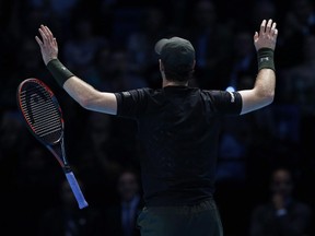 Andy Murray celebrates after winning the ATP Finals singles final against Novak Djokovic in London on Nov. 20.