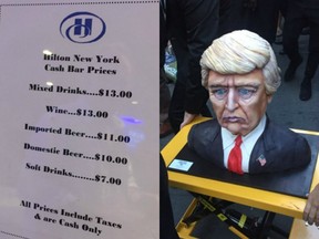 Donald Trump's election party at the Hilton Hotel has a cash bar and a lifelike cake made to resemble him.