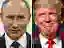 The Kremlin denies that Russian agents compromised Donald Trump and president Vladimir Putin, left, is blackmailing Trump.
