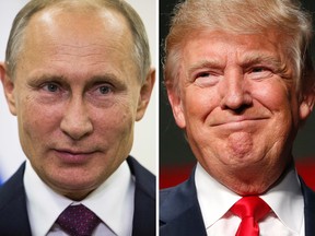 The Kremlin denies that Russian agents compromised Donald Trump and president Vladimir Putin, left, is blackmailing Trump.